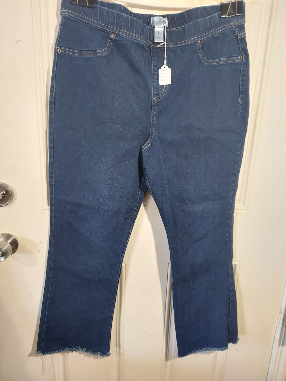 Just Be Kick Flare Jeans Womens Pull On Elastic Waist Raw Hem Frayed Size L